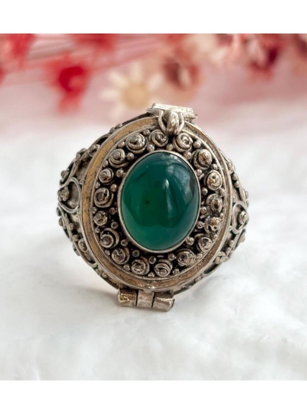 Poison Box Art Deco Style Green Onyx Sterling Silver 925 Vintage Ring - sz 7